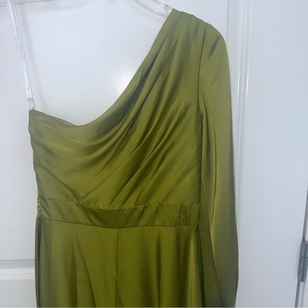 Ieena for Mac Duggal One Shoulder A-Line Long Sleeve High Chartreuse Satin Dress - Picture 11 of 15